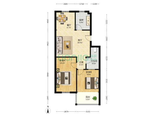 银泰名都花园 2室2厅1卫 83平方
