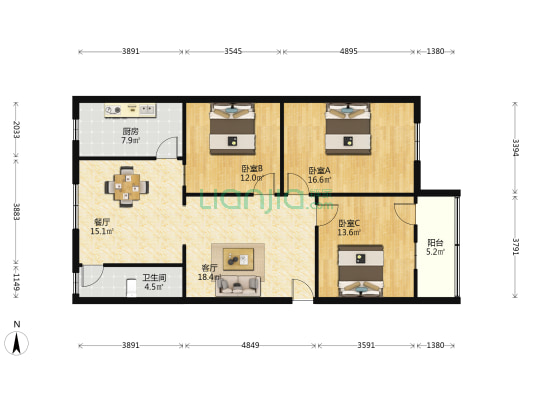 林荫弄6号 3室2厅1卫 104平方
