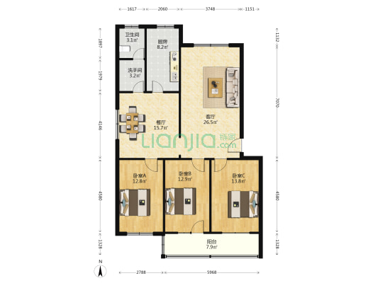 劳动局家属楼 3室2厅2卫 130平方