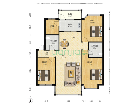西秀园 4室1厅2卫 125平方