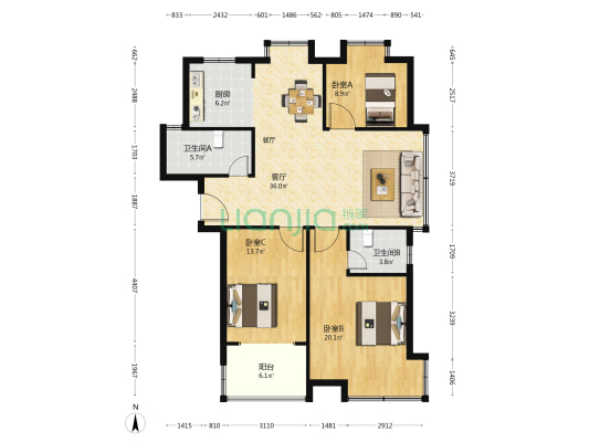 文府佳苑 3室1厅2卫 132平方