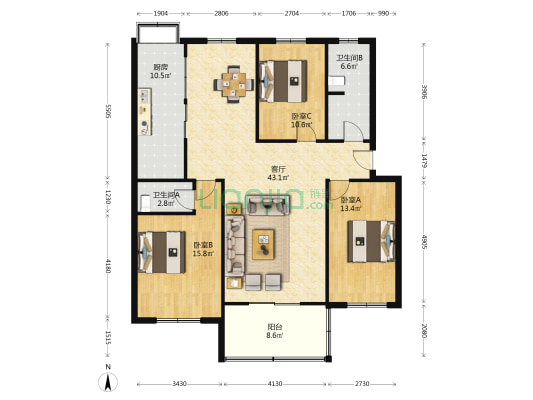 水泥厂家属院 3室1厅2卫 129平方