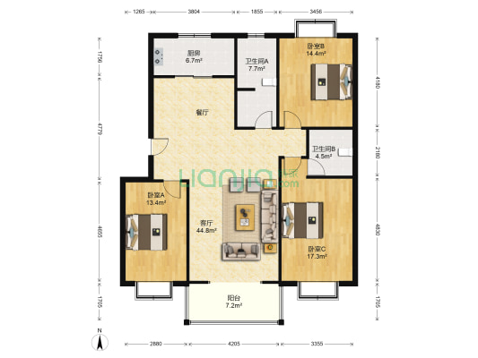 芙蓉南苑 3室1厅2卫 136平方
