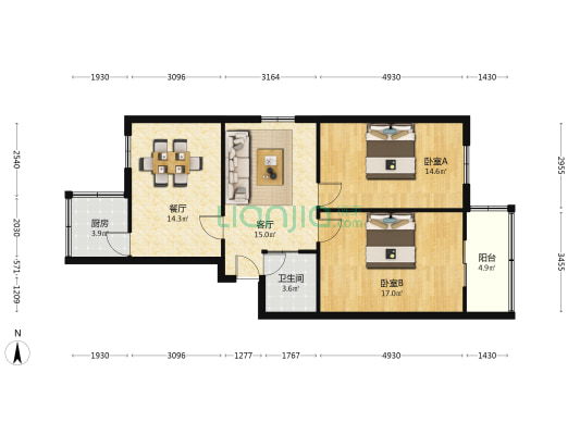 鹦鹉大道13号 2室2厅1卫 87平方