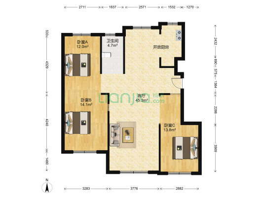 奥体玉园二期 3室1厅1卫 114平方