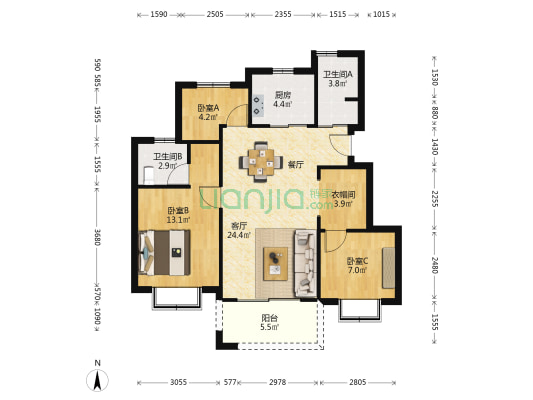 祥生白马郡 3室1厅2卫 89平方