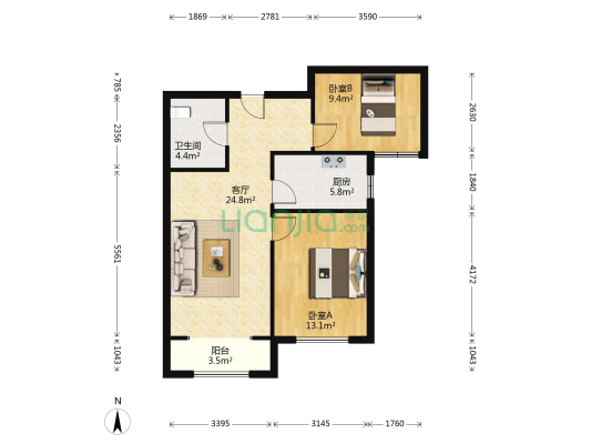 双发金玺城 2室1厅1卫 88平方