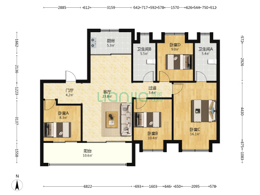 枫璟雅园 4室1厅2卫 128平方
