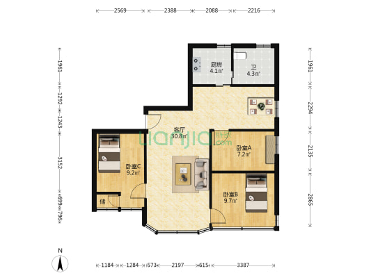 洪湖二街十号大院 3室1厅1卫 90平方