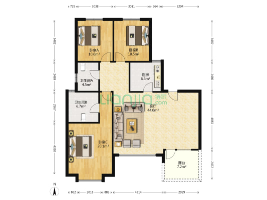鸿坤洋房三居室   电梯入户  全明格局   满二年-户型图