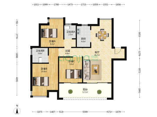 煌盛一德观澜 3室1厅2卫 112平方