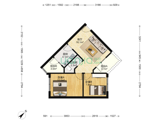 金鱼街72号 2室1厅1卫 55平方