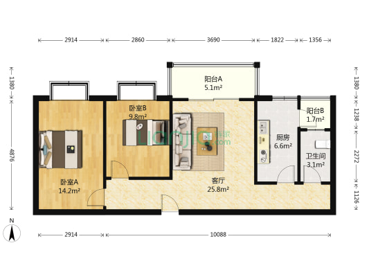 在水一方 2室1厅1卫 70平方