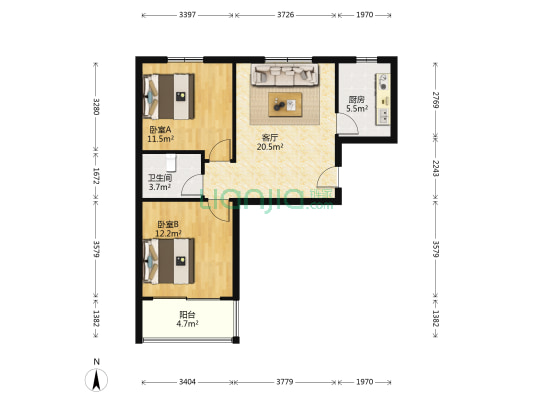 唐安幸福家园 2室1厅1卫 78平方