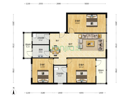 福音巷27号 3室1厅2卫 119平方