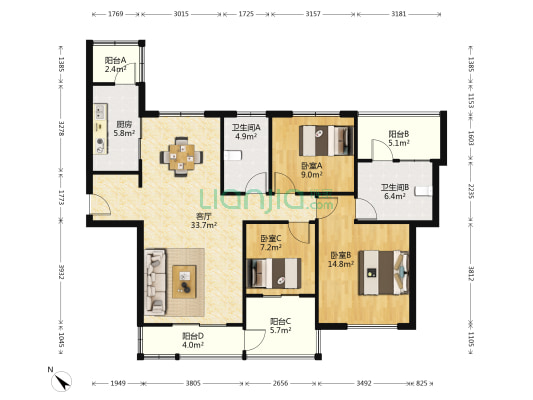 金地格林世界(高尔夫公馆) 3室1厅2卫 122平方