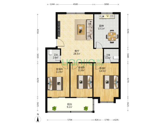 都市花园 3室1厅2卫 117平方