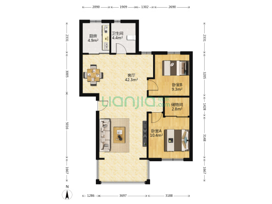 文竹园 2室1厅1卫 87平方
