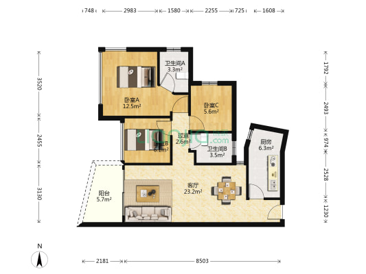 银湖山庄二期 3室1厅2卫 91平方