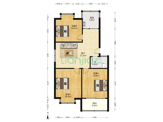 炎黄花园 3室1厅1卫 109平方