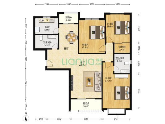 江升公寓 3室1厅2卫 133平方