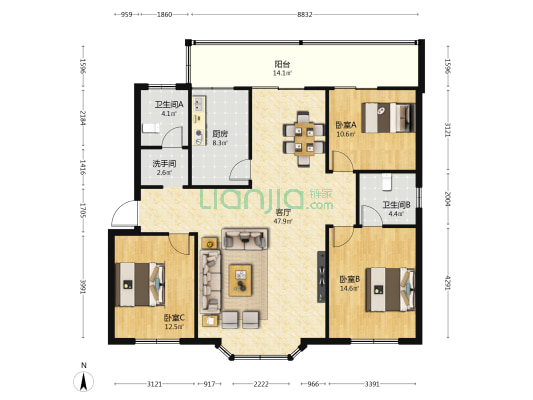 警官公寓 3室1厅3卫 135平方