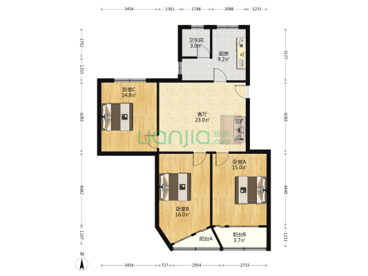 华淞园小区 3室1厅1卫 103平方