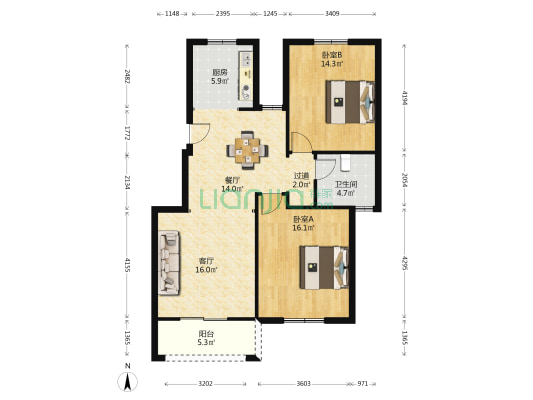 永阳花苑 2室2厅1卫 100平方
