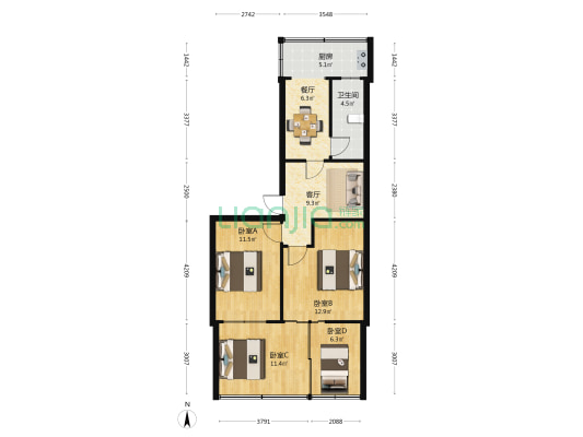 牛羊肉加工厂宿舍 4室2厅1卫 63平方