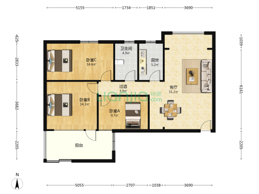 蝴蝶城 3室1厅1卫 106平方