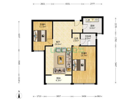 爱涛尚书云邸 2室1厅1卫 87平方