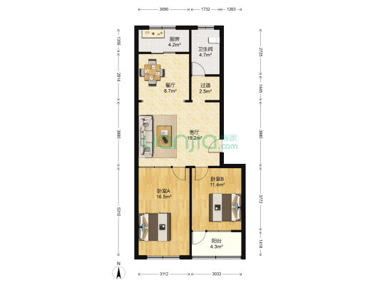 胡西组团 2室2厅1卫 92平方
