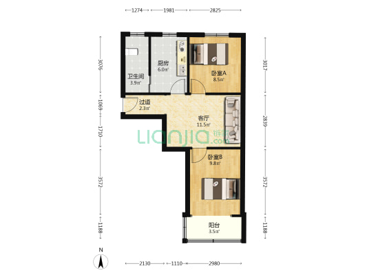 安农大五宿舍 2室1厅1卫 55平方