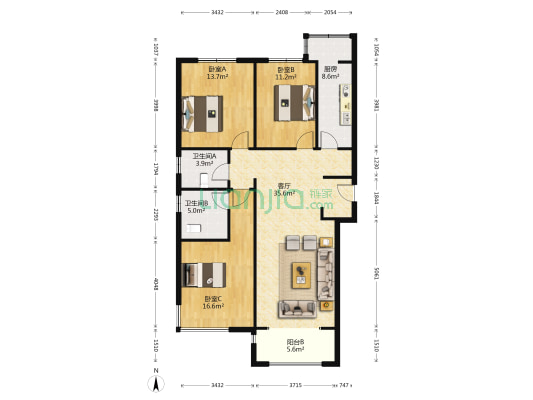 万科金域蓝湾一期 3室1厅2卫 138平方