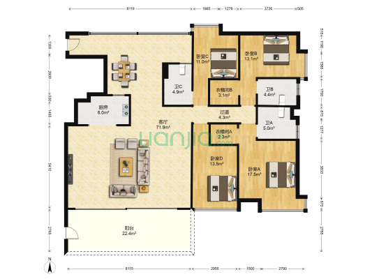 明珠湾花园 4室1厅3卫 185平方