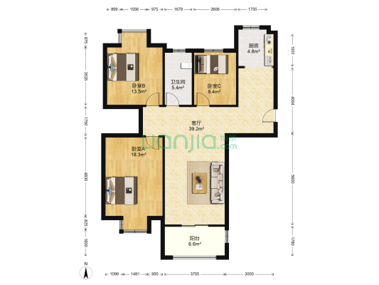 领秀嘉园 3室1厅1卫 128平方