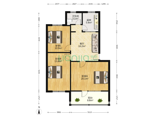 艺校宿舍 3室1厅1卫 84平方