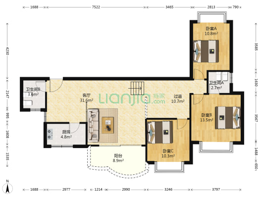 阳光名城 3室1厅2卫 110平方