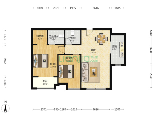 铂宫后海 2室1厅2卫 116平方