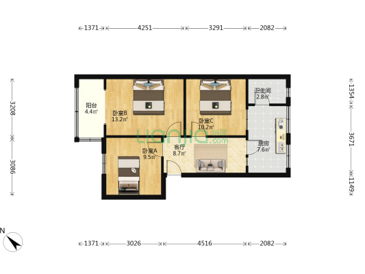 府青路一段3号 3室1厅1卫 67平方