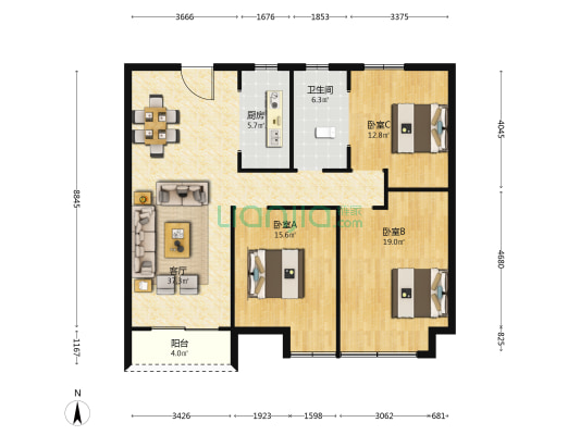书香门第 3室1厅1卫 126平方