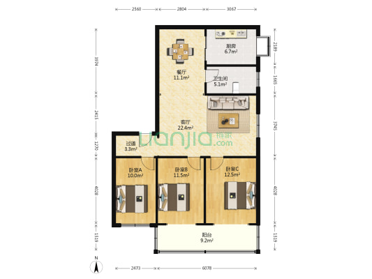 三角地小区 3室2厅1卫 111平方
