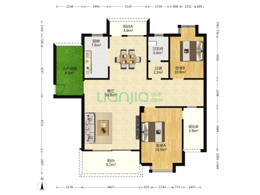 凯旋帝景 2室1厅1卫 227平方