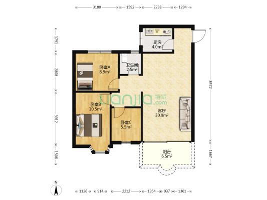 帝威花园 3室1厅1卫 83平方