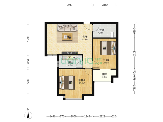 大唐金茂古运码头二期 2室1厅1卫 83平方