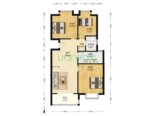 皇册家园 3室1厅1卫 108平方