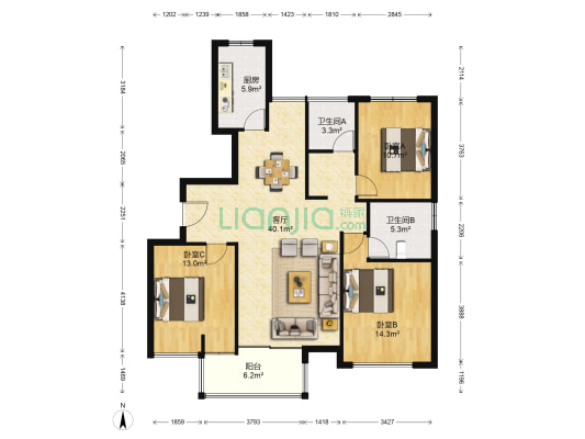 新天龙·文惠苑 3室1厅2卫 134平方