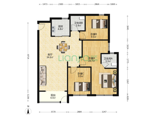 武汉国际社区B4地块 3室1厅2卫 119平方