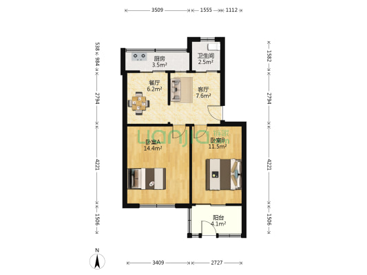 新民新村（四排楼） 2室2厅1卫 61平方