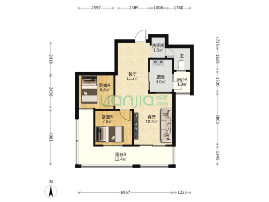 山湖海 2室2厅2卫 65平方